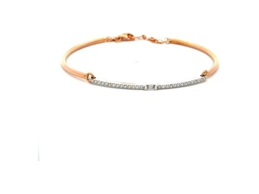 18K White and Rose Gold Bangle Bracelet with a Natural Baguette Diamond Center and Round Diamonds on Both Sides